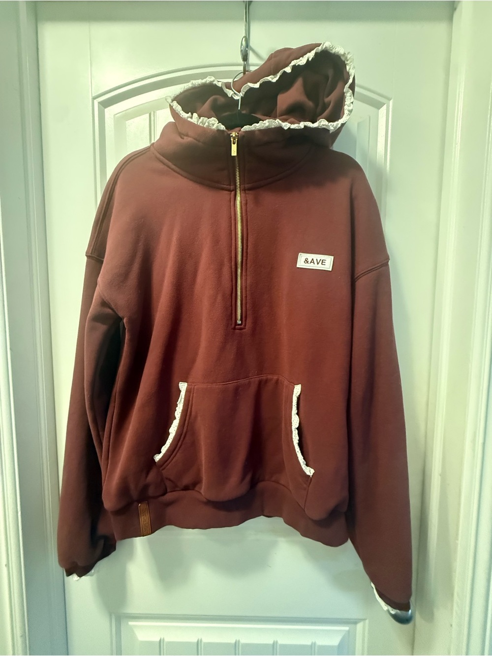 AMPERSAND AVE Half-Zip Hooded Sweatshirt in Maroon with White Trim